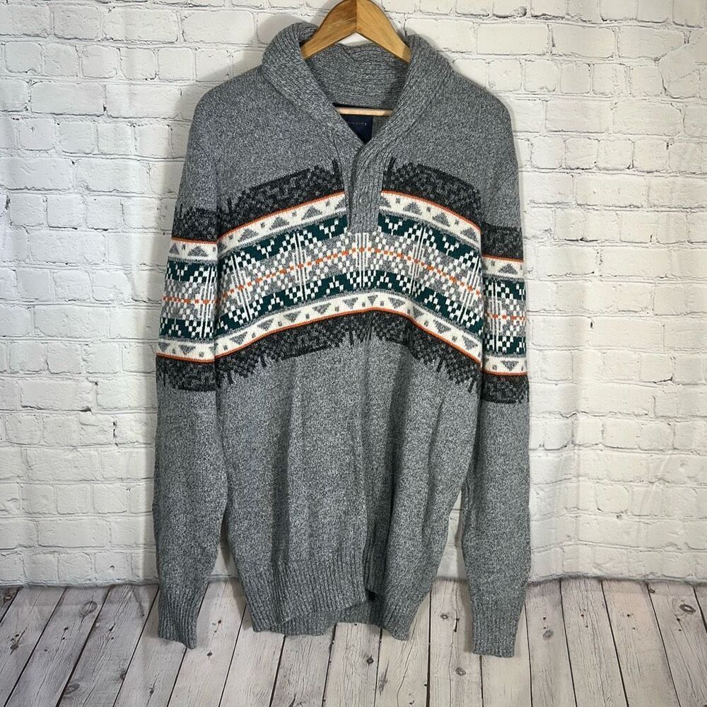 American Eagle AE Sweater Mens LT Shawl Collared Button up Gray Cabincore
